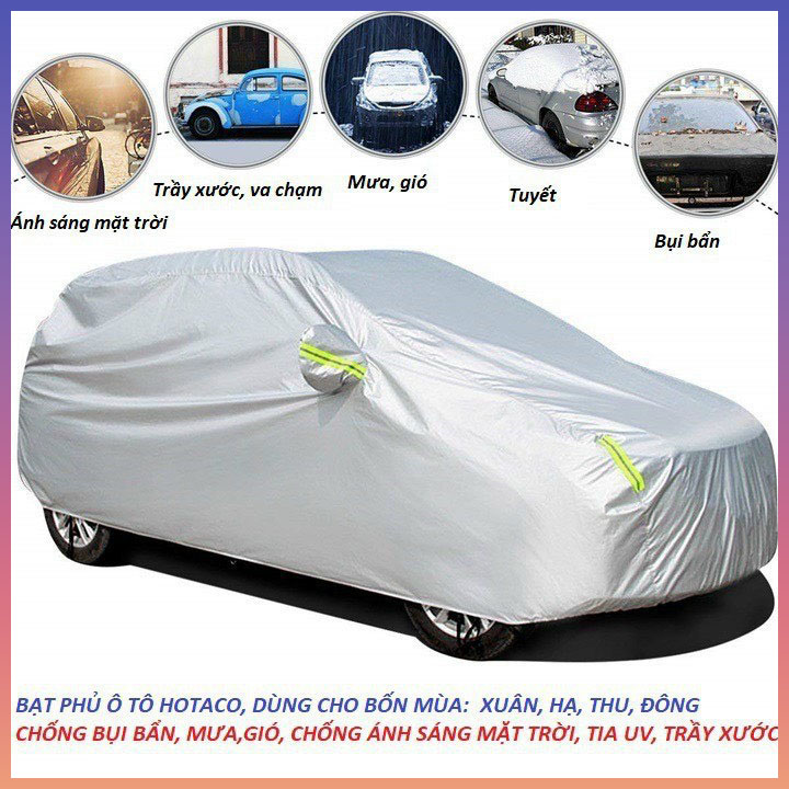 Bạt phủ xe hơi,áo trùm xe hơi, xe ô tô vải dù oxford bạc 4 chỗ đến 7 chỗ, lớp phản quang chống nóng, mưa