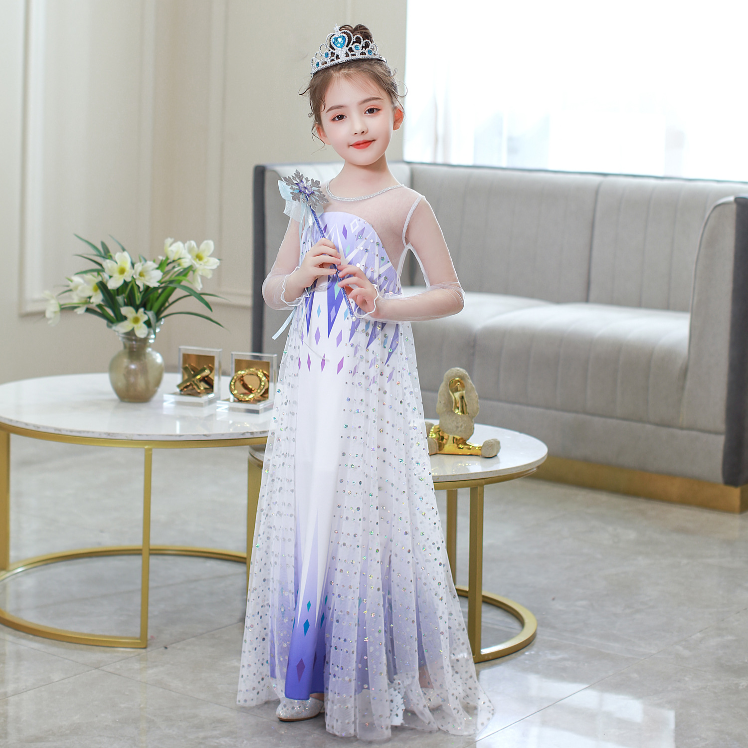 Đầm công chúa elsa bé gái kim tuyến lấp lánh tà dài