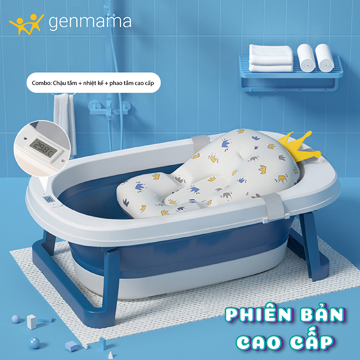 Chậu tắm gấp gọn kèm phao nhiệt kế , chậu tắm cho bé sơ sinh , chậu tắm gấp gọn thông minh Genmama GM-CT01