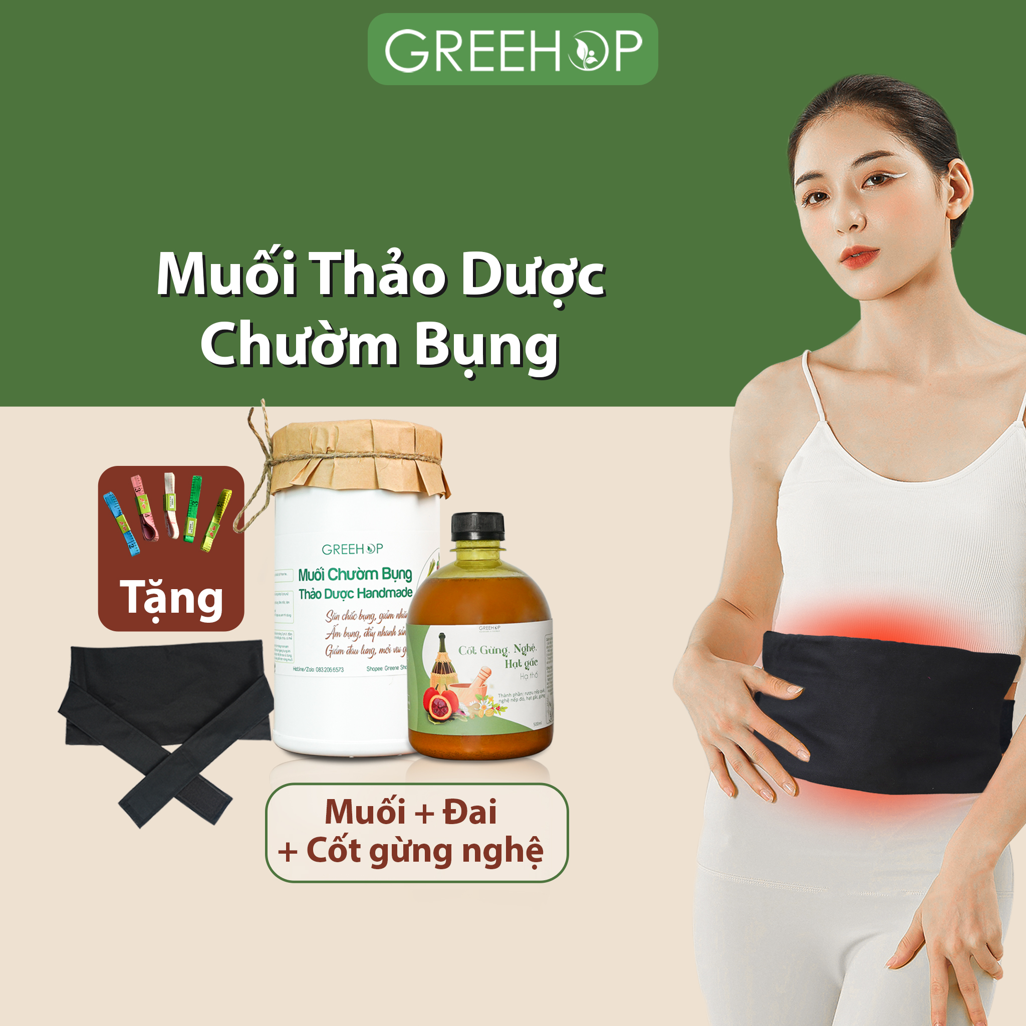 Muối chườm bụng sau sinh, đai chườm giảm eo GREEHOP (tặng kèm dây đo) handmade