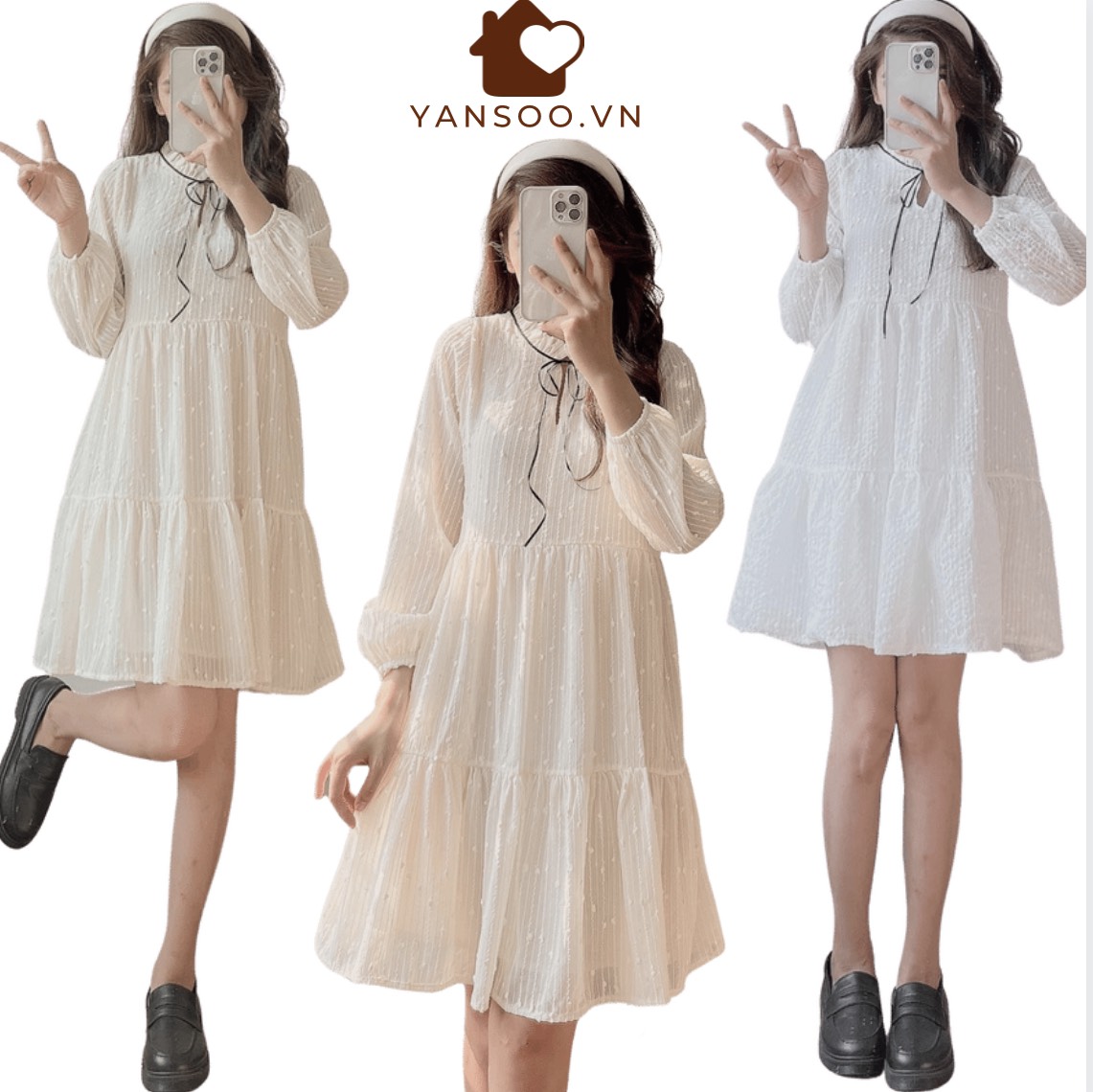 Váy babydoll trắng ren hạt hai lớp cổ nơ tay bồng , đầm bánh bèo by YANSOO
