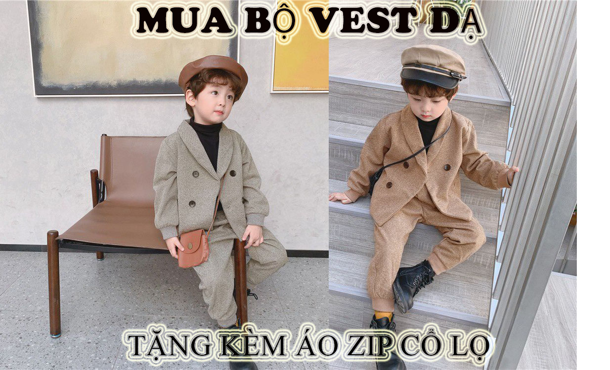 Bộ VEST dạ Basic kèm áo cổ lọ - Set bộ suit vest dạ bé trai cao cấp