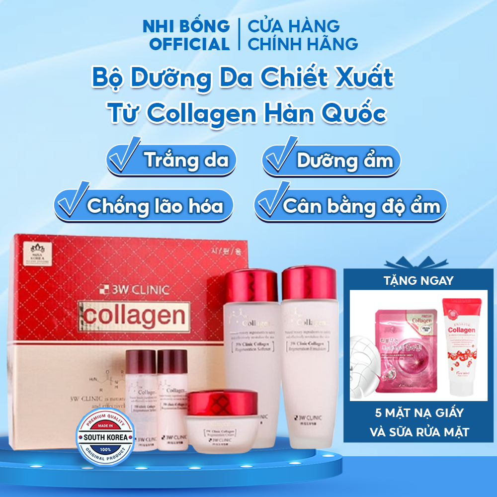 Bộ Skincare dưỡng da 3W Clinic Hàn Quốc chiết xuất từ tinh chất Collagen trắng da dưỡng ẩm săn chắc chống lão hóa da se khít lỗ chân lông