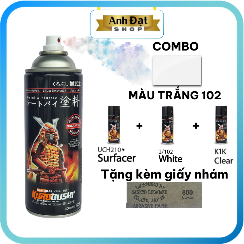 COMBO SƠN SAMURAI Màu trắng 102 400ml, sơn lót UCH210 400ml, sơn phủ bóng K1K 300ml. có khả năng kháng xăng (A92, A95), chống rạn nứt, Anh Đạt shop