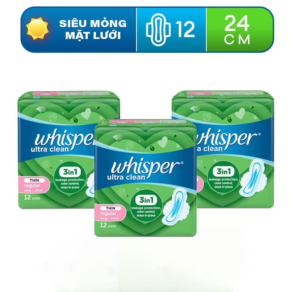 Combo 3 Băng Vệ Sinh WHISPER Skin Love/Ultra Clean/Thick Mesh Siêu Mỏng Cánh Ngày Thường 24cm/23cm Gói 10 Miếng/18 Miếng