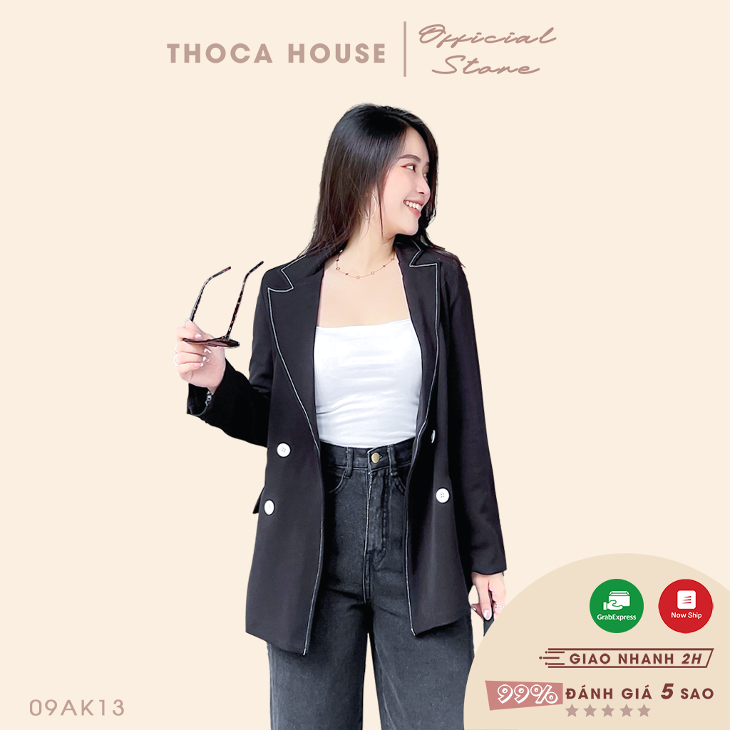 Áo khoác vest blazer nữ đen viền trắng THOCA HOUSE sang trọng, quí phái mặc công sở, dự tiệc cho nàng