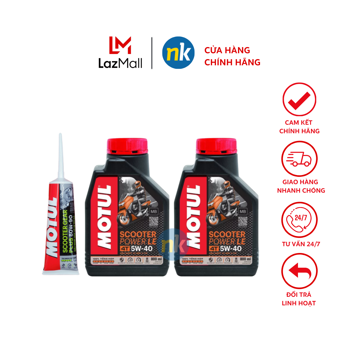 Combo dầu nhớt Motul: 2 Scooter Power Le 4t 5w40 (800ml x 2) + 1 Scooter Gear (120ml) - Hàng