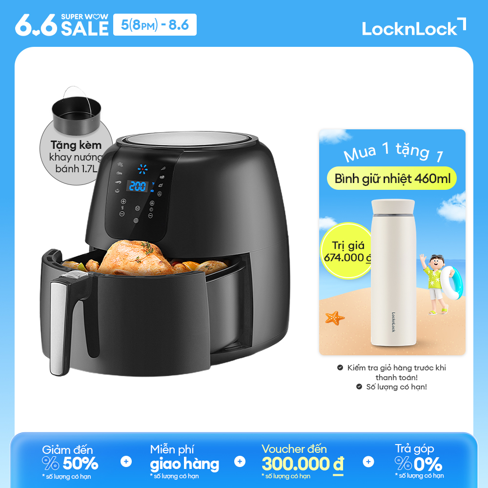 Ejf296blk - nồi chiên không dầu lock&lock super jumbo 7.2l - 7 chế độ nấu, tỏa nhiệt đối lưu 360, tặng kèm khay bánh - bảo hành 2 năm
