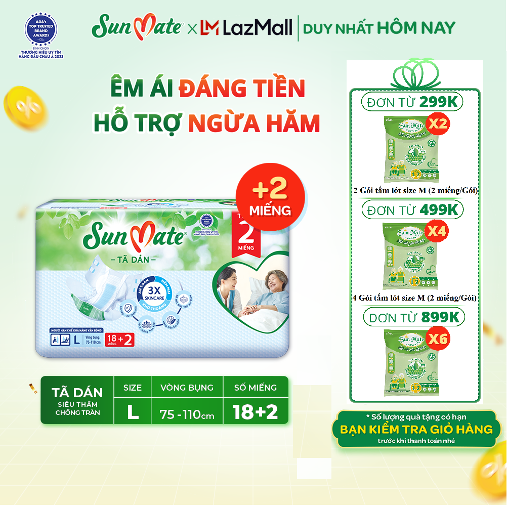 Tã dán người già SunMate M18/L18/XL18 + 2 miếng