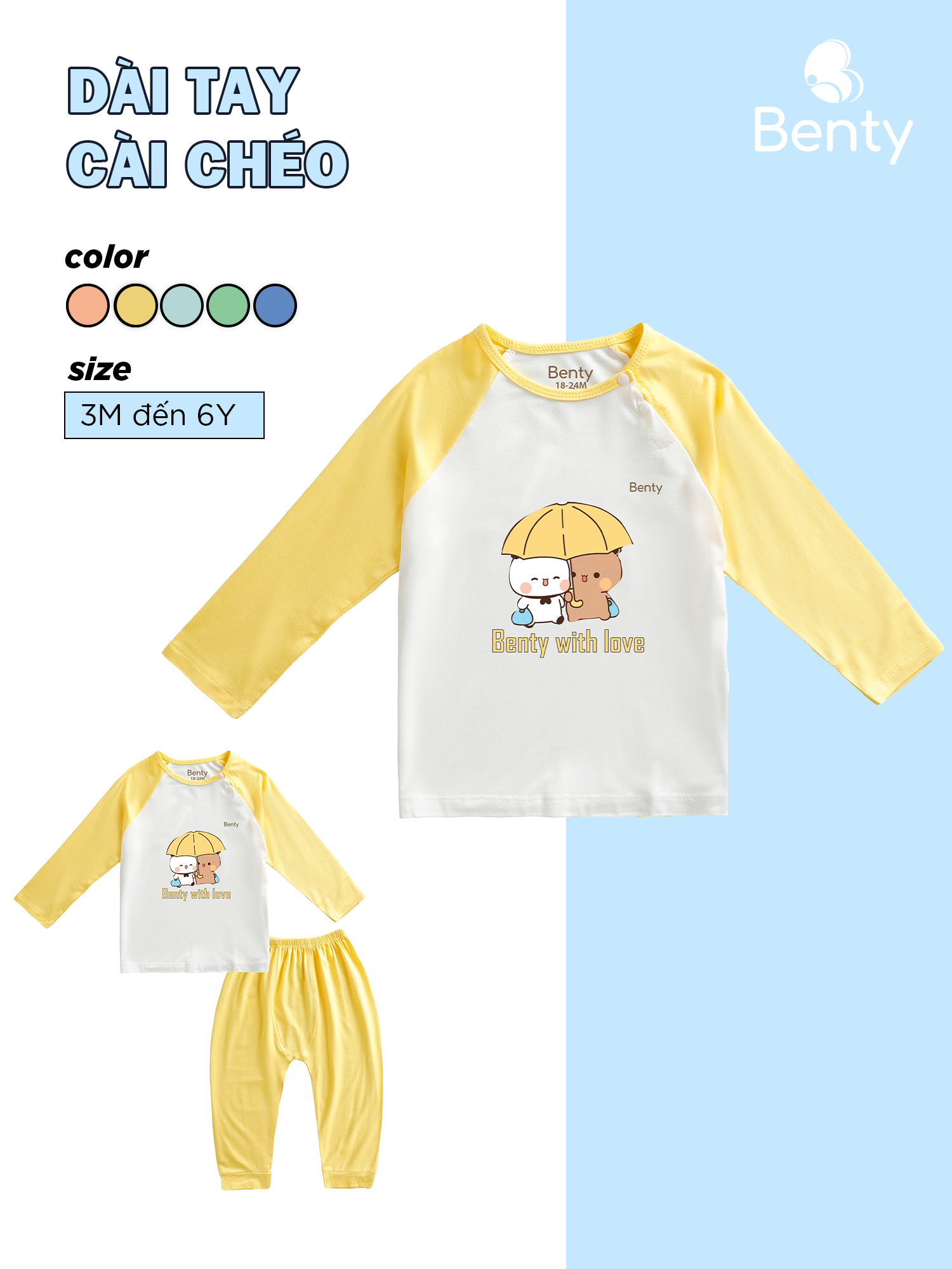  Dài tay cài chéo in gấu BT022 BENTY chất vải mềm mịn mát bé trai bé gái  bộ dài ngủ điều hòa 