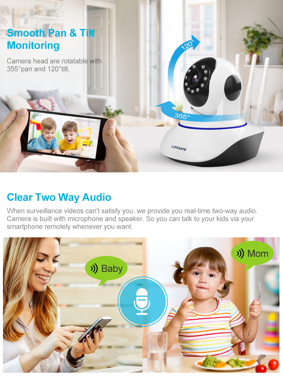 Camera IP giám sát WiFi không dây full HD 1080P dùng trong nhà ,quan sát toàn cảnh 360º trên điện thoại di động