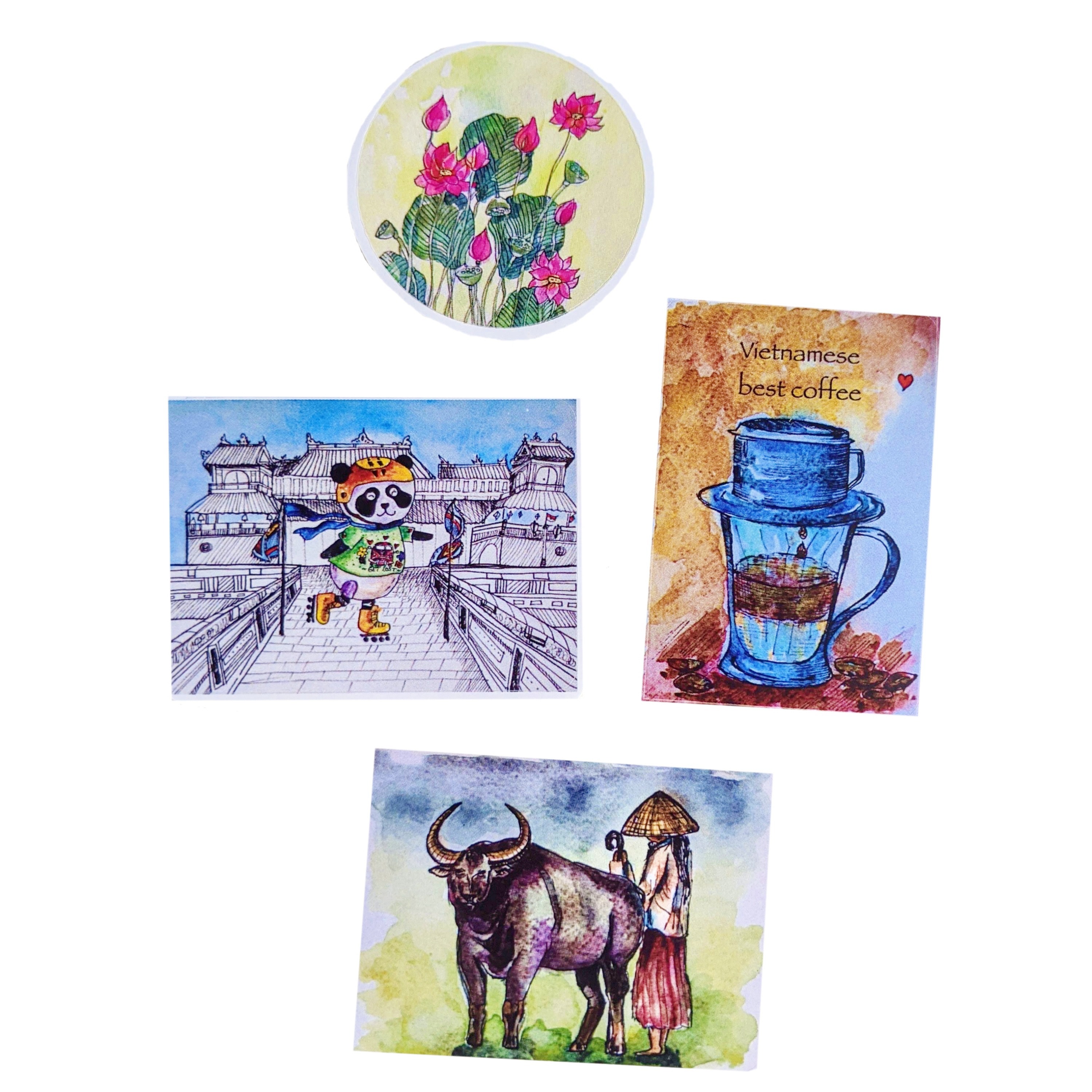 BỘ 4 miếng dán. Hình dán 1 - Trượt patin gấu trúc ở Huế, Việt Nam. Sticker 2 - Cà phê Việt Nam. Hình dán 3 - Người phụ nữ Việt Nam đội nón lá đi chăn trâu. Hình dán 4 - Bông sen hồng. Hình minh họa màu nước gốc của Lippostcard