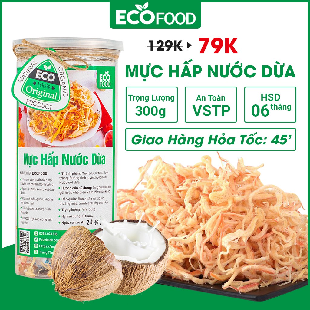 Mực Khô Hấp Nước Cốt Dừa Xé Sợi Ecofood 300G Loại 1 Cay, Ngon, Ngọt, Đồ Ăn Vặt Viêt Nam Giá Rẻ, An Toàn VSTP