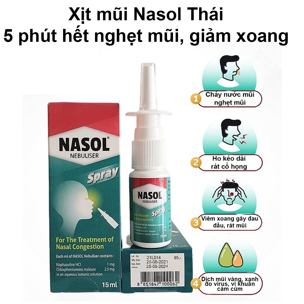 Xịt thông mũi, giảm xoang, nghẹt mũi Nasol Thái Lan 15ml