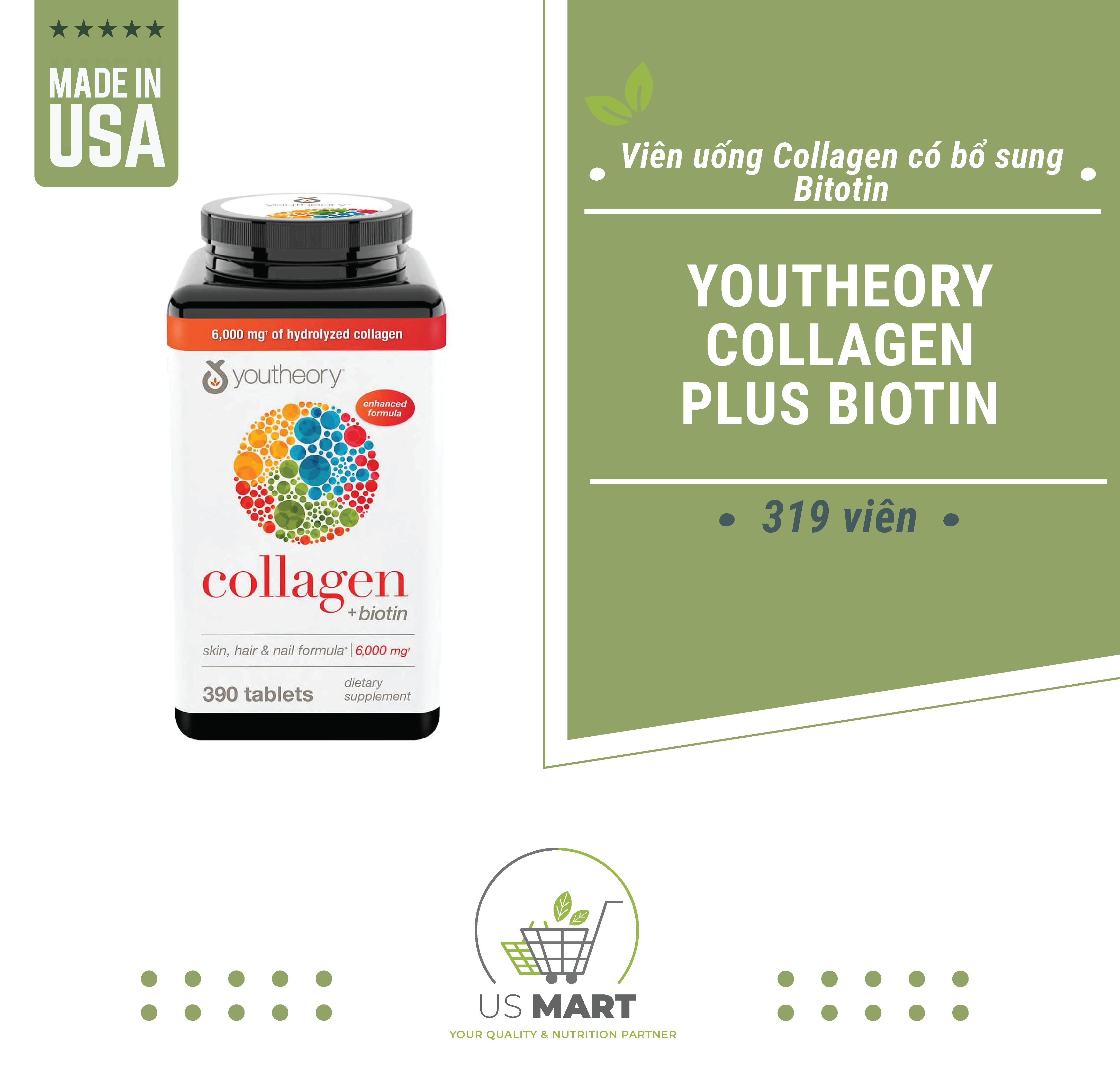[HCM]Viên uống Collagen có bổ sung Biotin - Youtheory Collagen Plus Bitotin (390 viên)