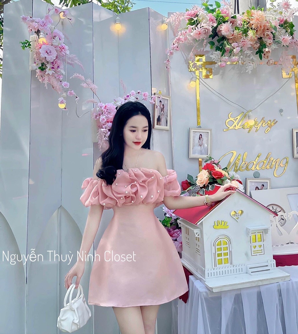 Đầm umi dáng xòe trễ vai nhún ngực đính ngọc tiểu thư sang chảnh, váy xòe phối bèo trễ vai ngọc form chuẩn hot trend 2022, đầm xòe xinh xắn đính ngọc trễ vai có lót kèm dx