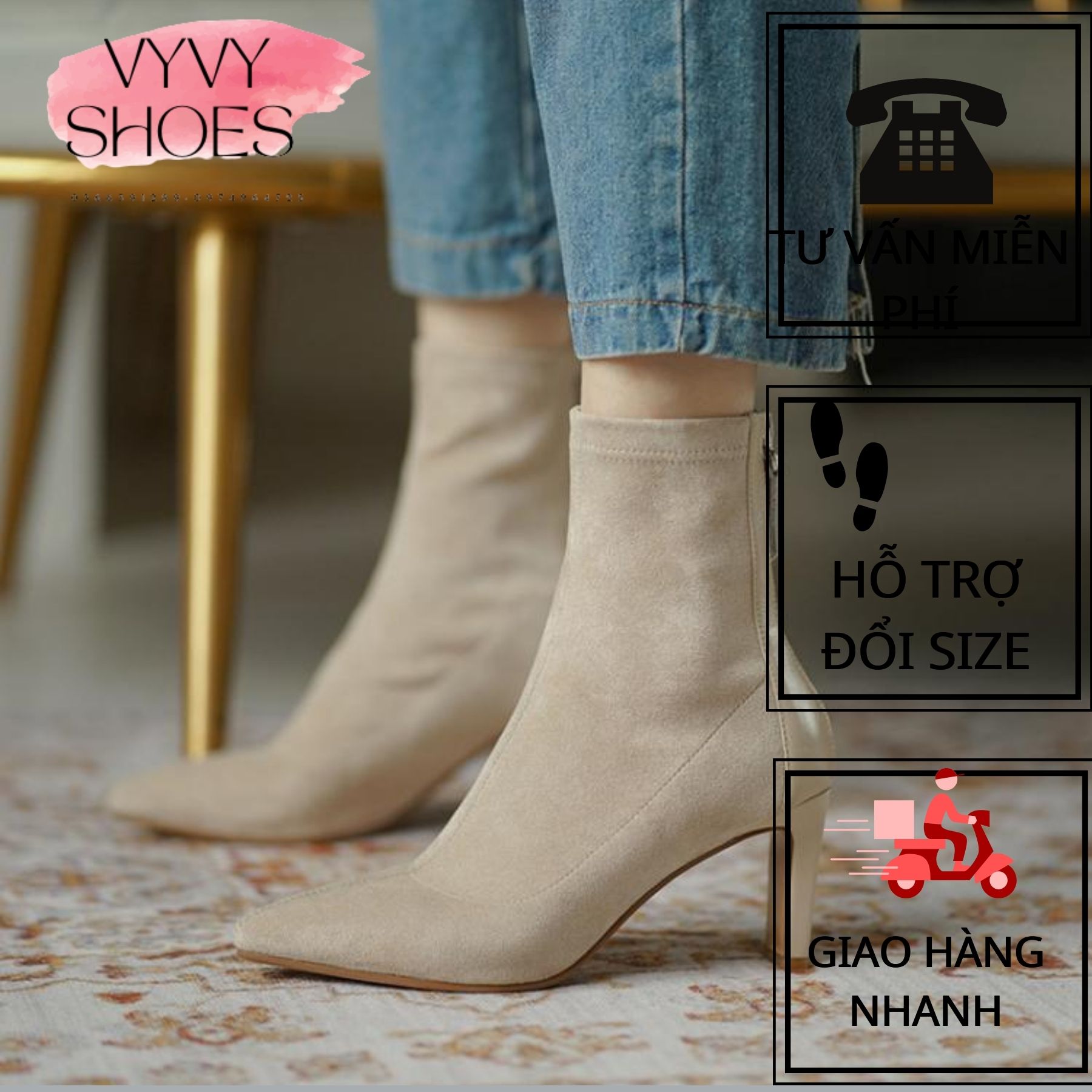 Bốt nữ cao cổ VYVYSHOES19 da lộn mềm khóa sau cao cấp boot mũi nhọn,lửng thời trang đế 6 cm
