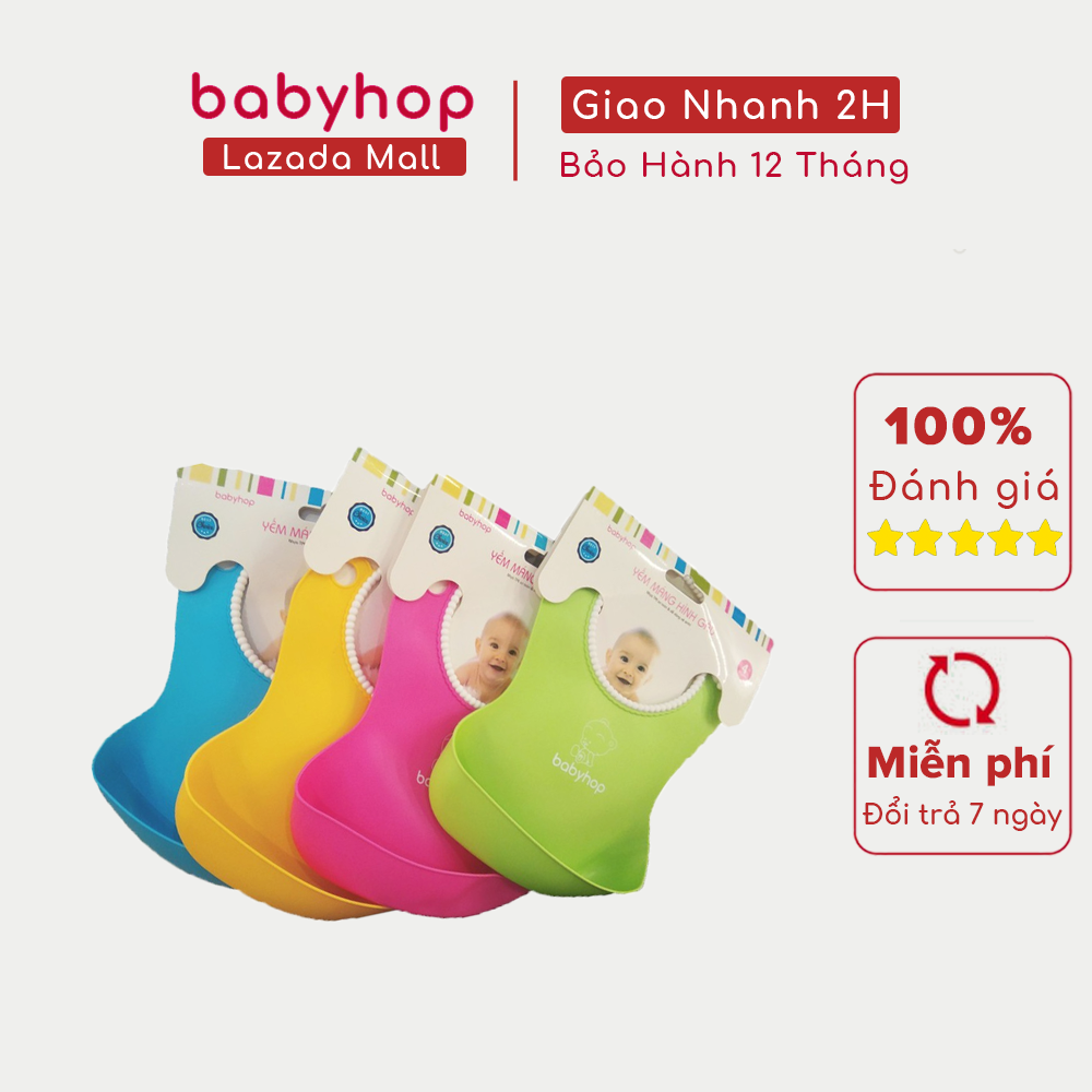 Yếm ăn dặm có máng Babyhop, chất liệu nhựa mềm gấp gọn, không chứa PVC hay BPA. An toàn và tiện lợi cho mẹ và bé