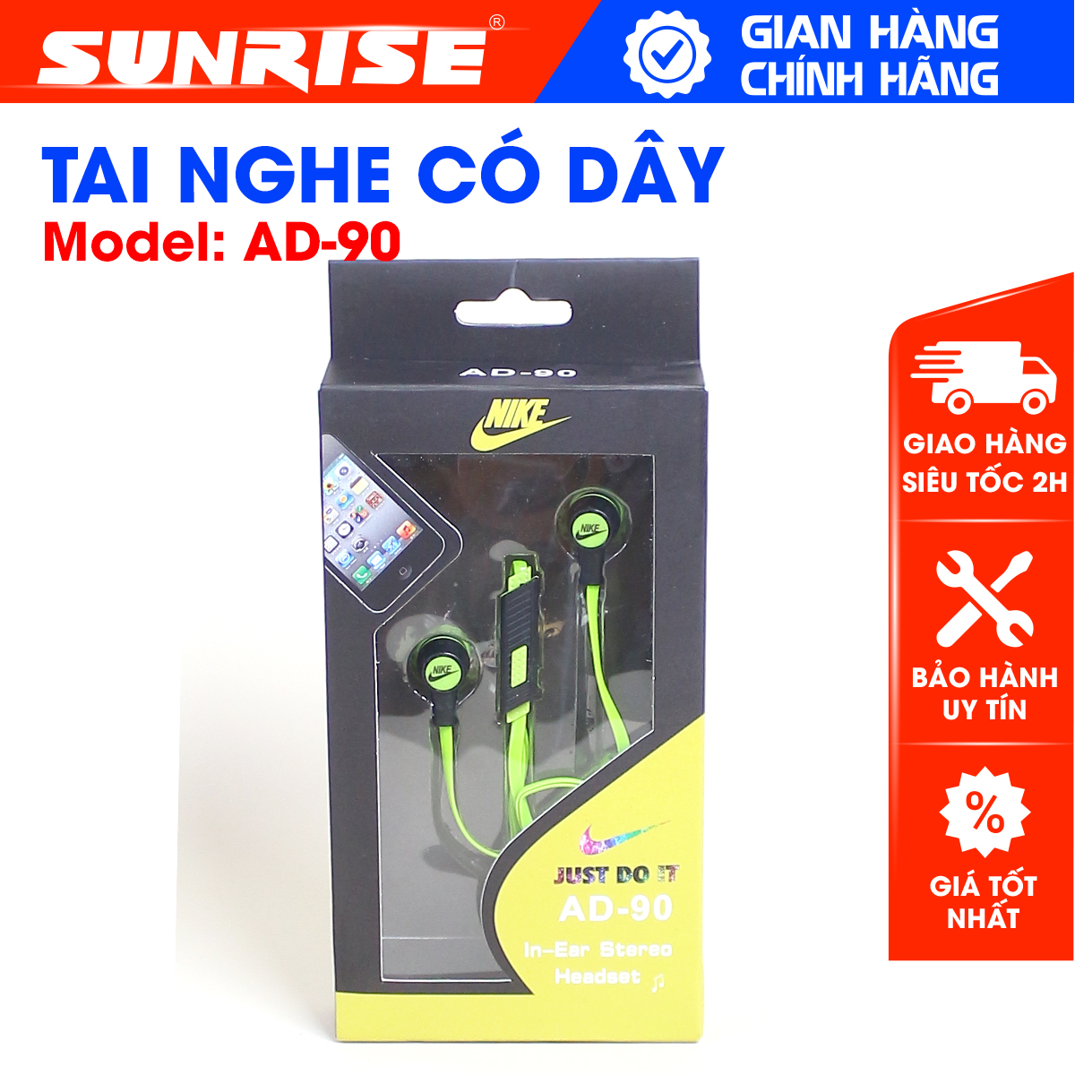 Tai nghe có dây nhét tai AD-90 giá sỉ 3.5mm Bass chống ồn tích hợp micro, nghe nhạc hay - sunrise mucsic