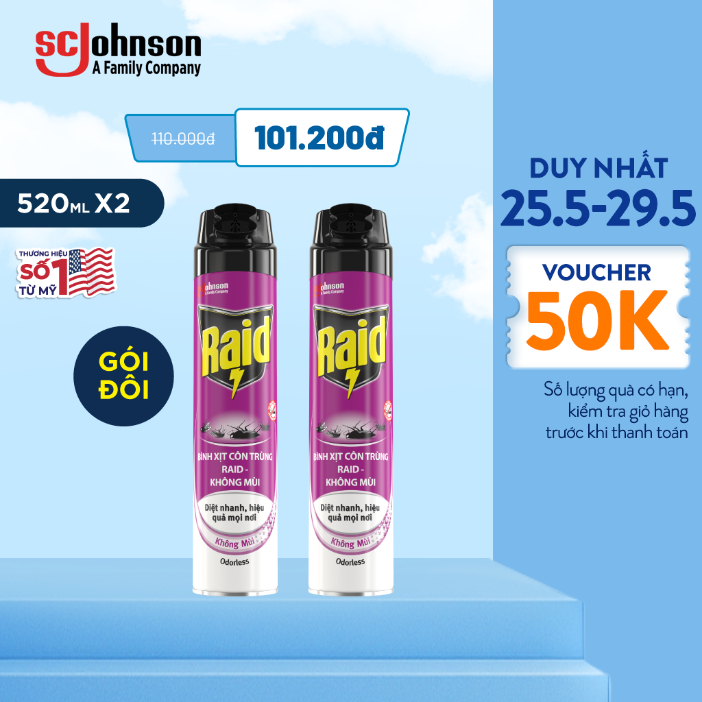 RAID - BỘ 2 CHAI XỊT CÔN TRÙNG KHÔNG MÙI 520ML x 2