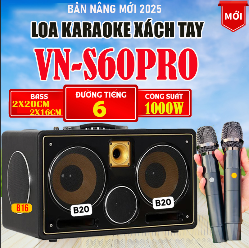 SIÊU LOA NÂNG CẤP 2025- Loa Karaoke Xách Tay JBL VN-S60 Pro - Kèm 2Micro UHF Hát Nhẹ  Hệ Thống 6 Loa 6 Đường Tiếng, Sub Siêu Trầm Bass 20CM, 2 Bass Trυng 16Cm, 2 Treble, Công Suất 1000W Cực Khủng Có Reverb Bass Dày Âm Thanh Sáng Hát Karaoke Siêu Hay
