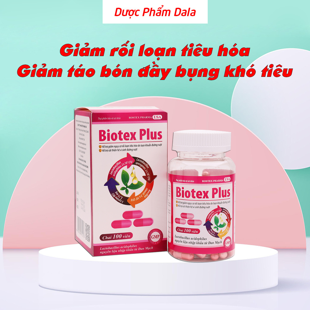 Viên uống Biotex Plus hỗ trợ giảm rối loạn tiêu hóa, cải thiện hệ vi sinh đường ruột - Chai 100 viên -Dược Phẩm Dala