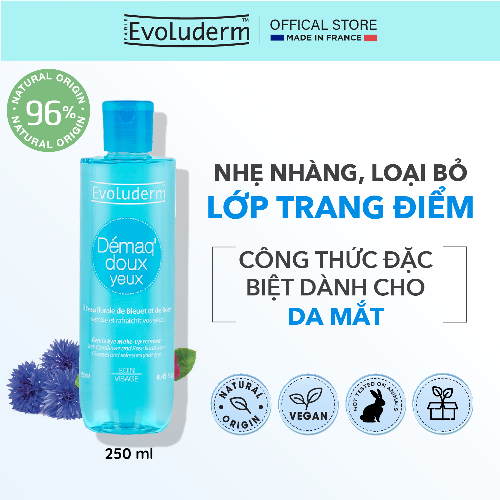 Nước Tẩy trang dịu nhẹ cho mắt Evoluderm 250ml