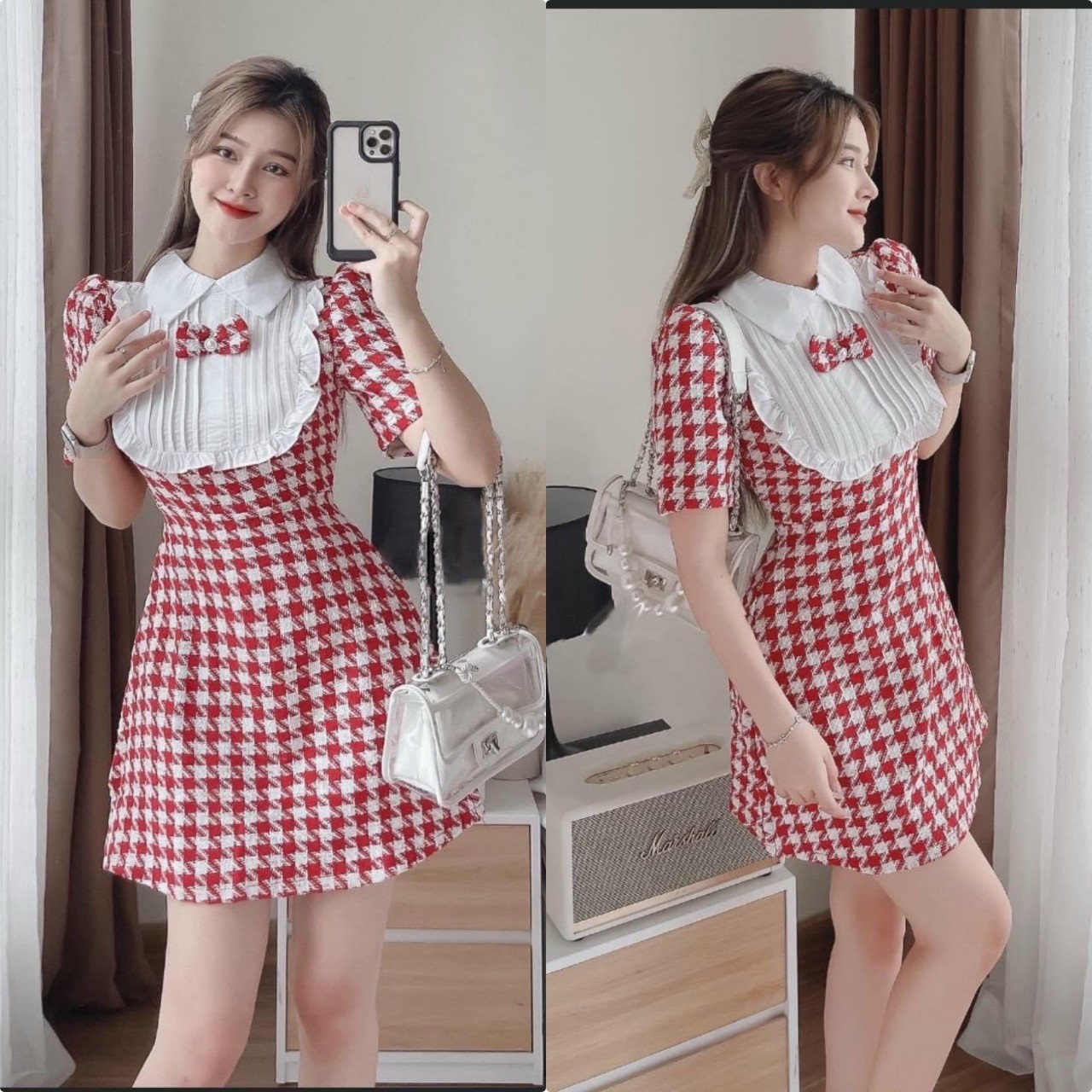 Đầm tiểu thư sọc caro đỏ phối cổ bèo xếp ly đính nơ cực xinh