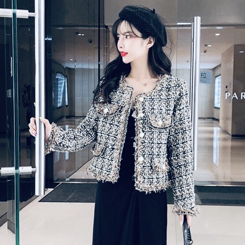 [ Hot ] Áo Khoát Dạ Tweed Giả Kim Viền Ánh Kim Form Sao Hàn - Áo khoác dạ cúc kim loại cực sang, hàng loại 1 nên form rất đen và êm