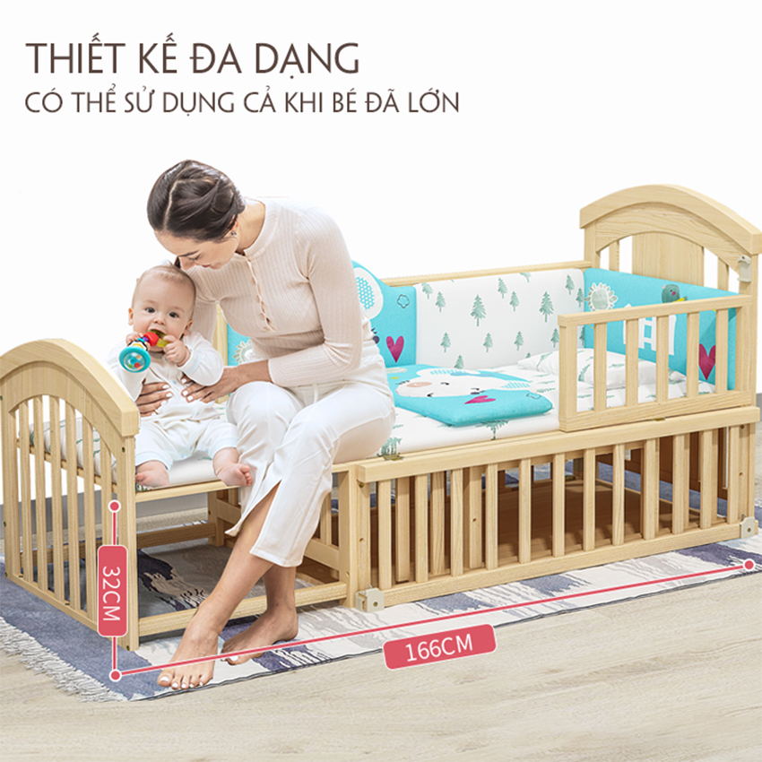 Nôi cũi cho bé HONA lux, Cũi cho bé ( Tặng Kèm Màn , Bàn Thay Tã ) , Cũi Gỗ Kéo Dài 1m66 HONA SMAT