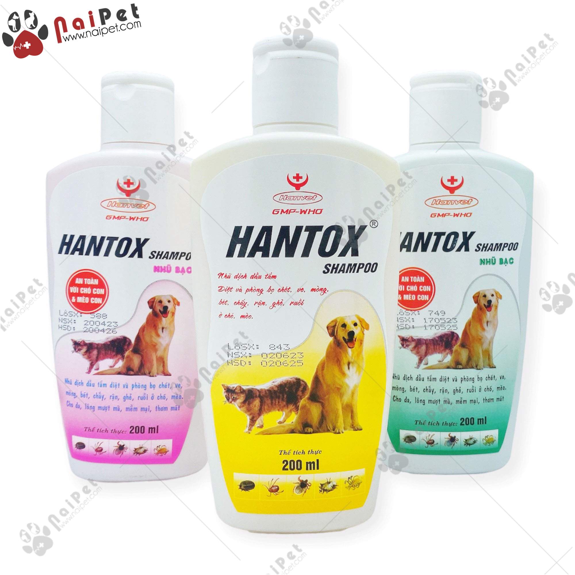 Sữa Tắm  Ve Rận Bọ Chét Mòng Chấy Mượt Lông Chó Mèo Hantox Shampoo HanVet Hồng Nhũ Bạc 200ml