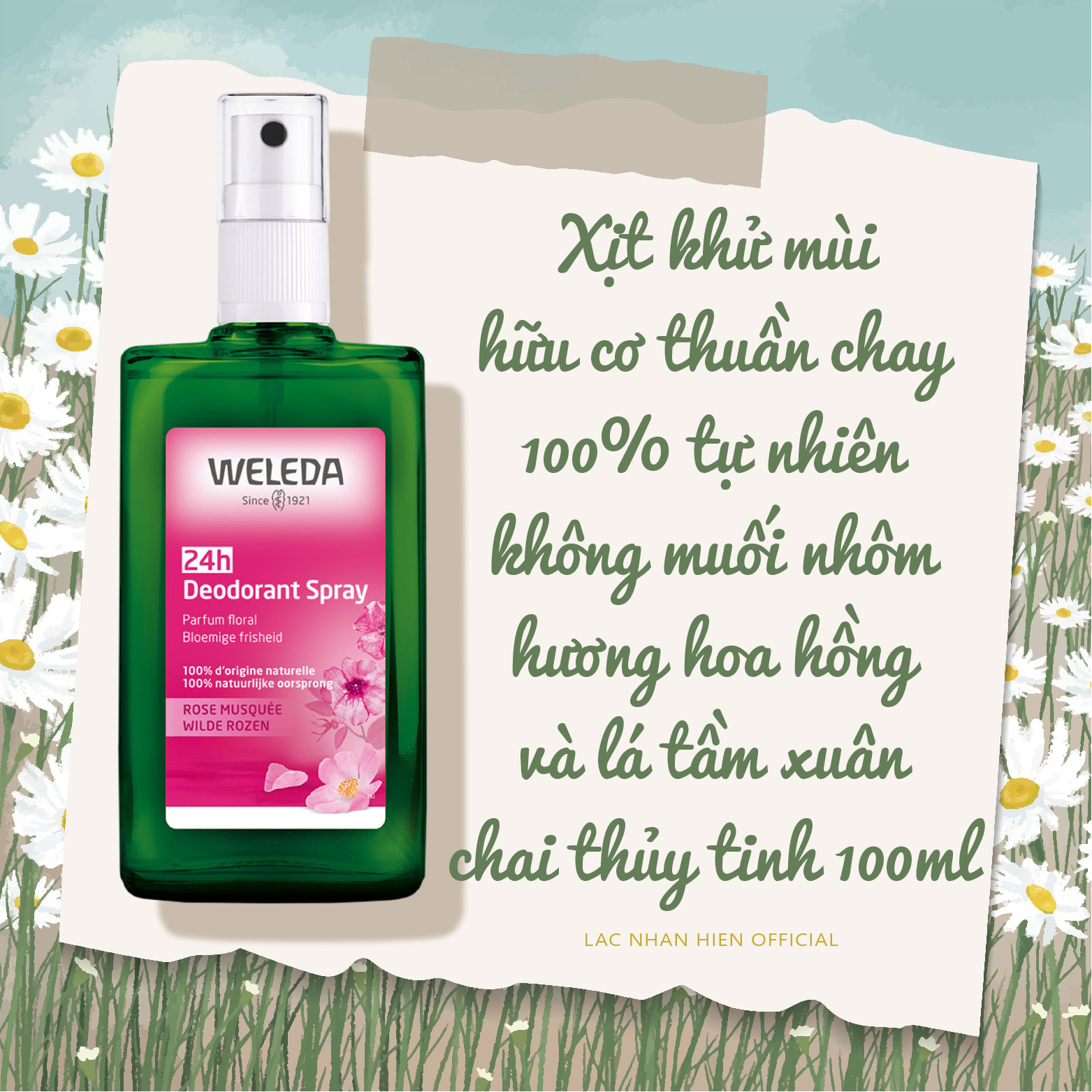 Xịt khử mùi thuần chay hữu cơ hương hoa hồng weleda wild rose spray deodorant