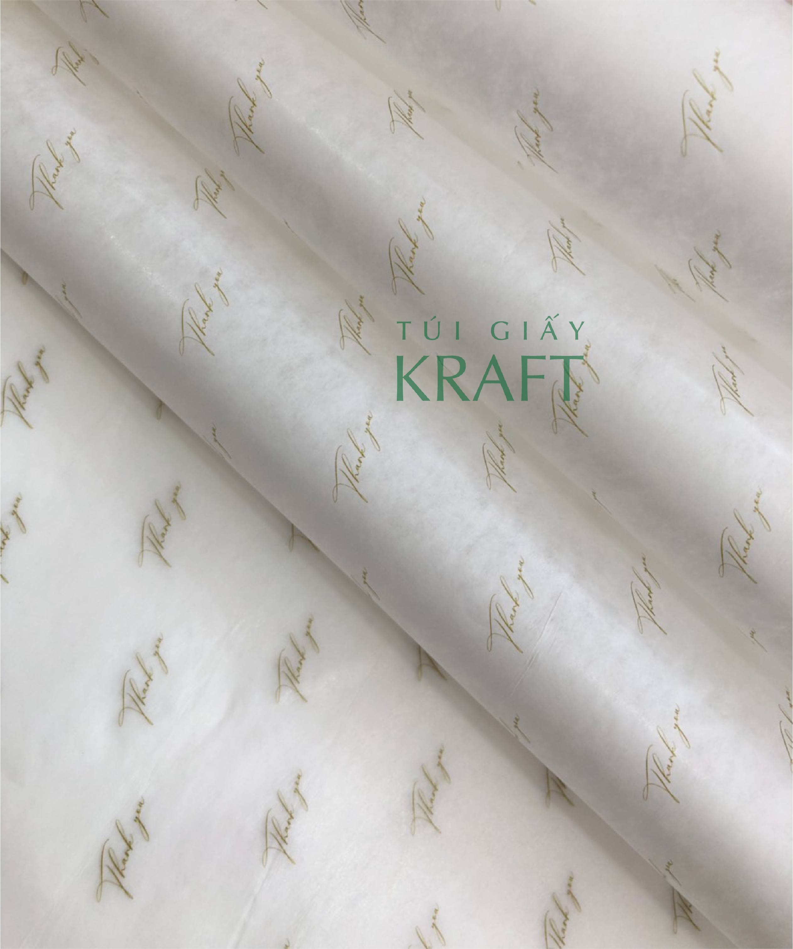 Giấy Pelure trắng in chữ Thank you vàng 39 x 64cm, giấy gói hàng, tuigiaykraftvn
