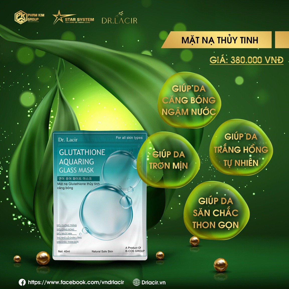 Mặt Nạ Thủy Tinh GLUTATHIONE A QUARING GLASS MASK Dr.Lacir mặt nạ da cá hồi trắng tinh khuyết