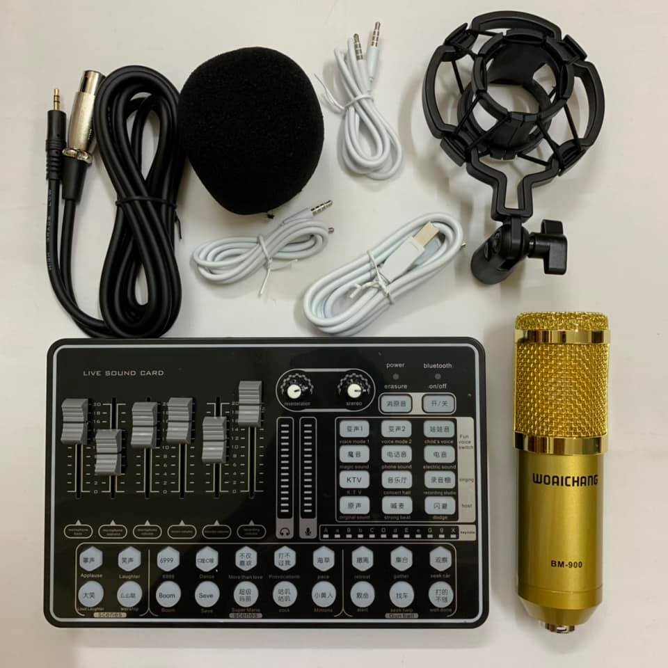 TRỌN BỘ COMBO Sound card H9 Bluetooth Auto Tune Mic Livestream Thu Âm BM900 Tặng