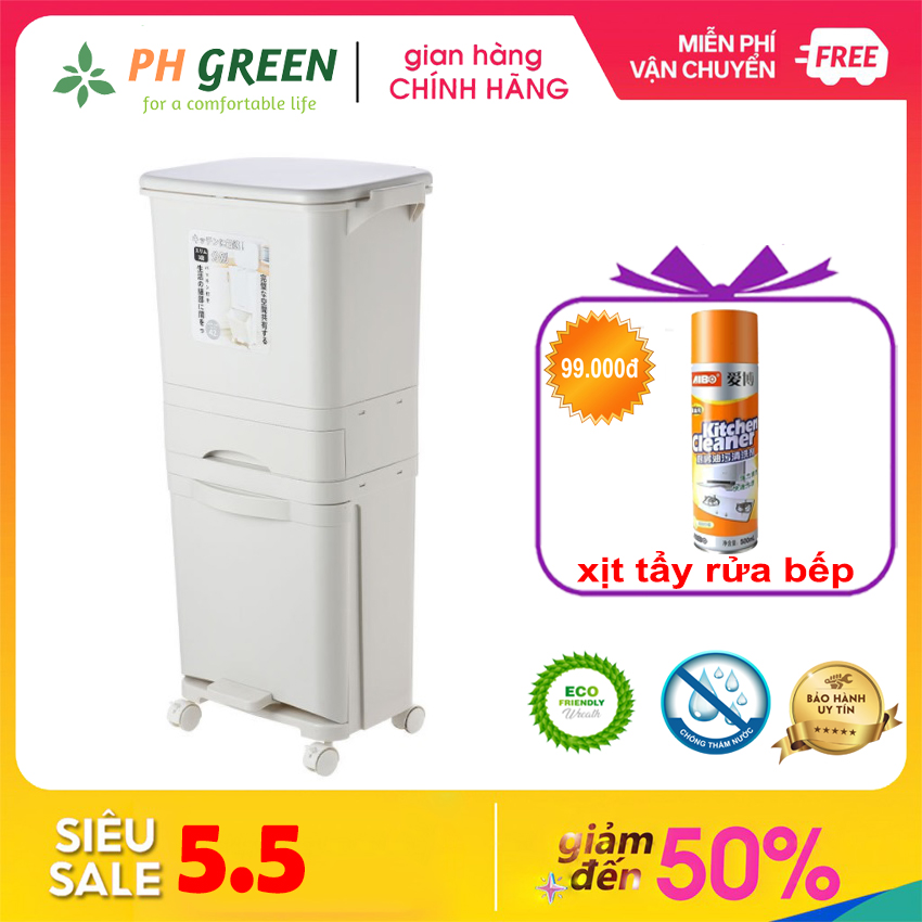 Thùng Rác 3 Tầng Nhật Bản, Thiết Kế Tiện Lợi, Các Ngăn Có Chức Năng Khác Nhau, Bánh Xe Dễ Di Chuyển, Phù Hợp Gian Bếp Của Bạn