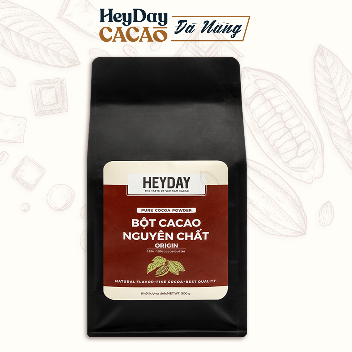 Bột cacao nguyên chất 100% Việt Nam - Dòng Origin thượng hạng túi 500g - Chuẩn UTZ Quốc Tế - Heyday Cacao