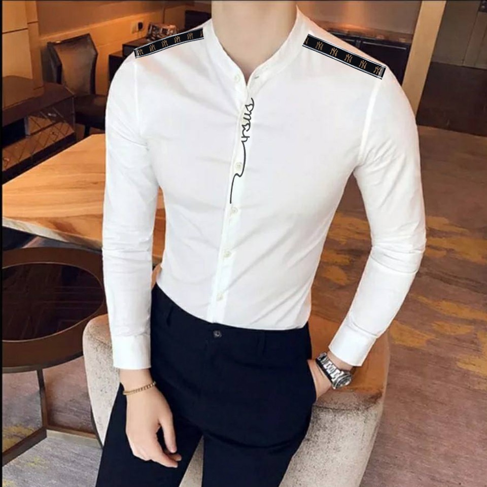 Áo cổ trụ trắng phối viền ny new york họa tiết