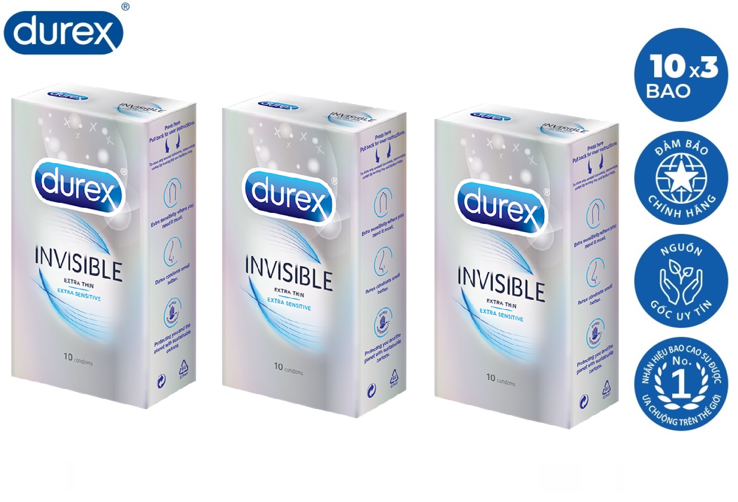 [HCM]Bộ 3 bao cao su Durex Invisible Extra Sensitive 30 bao / 3 hộp