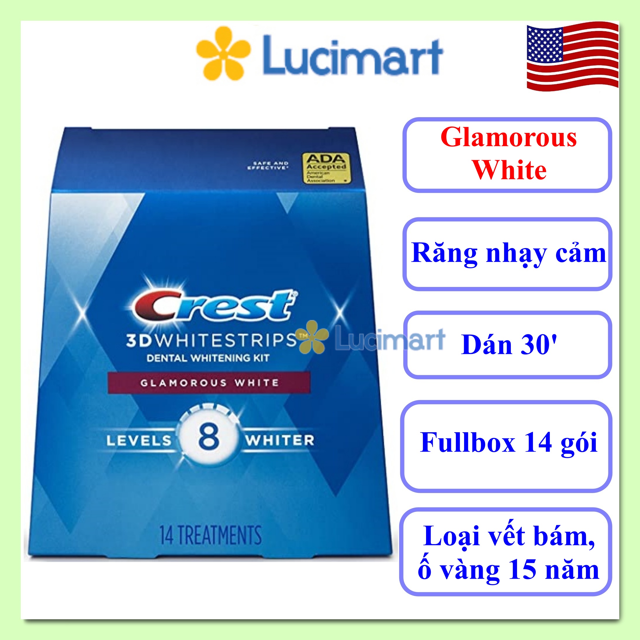 Full box 28 miếng (14 gói/14 ngày) dán trắng răng từ Mỹ, Crest 3D White Glamorous White