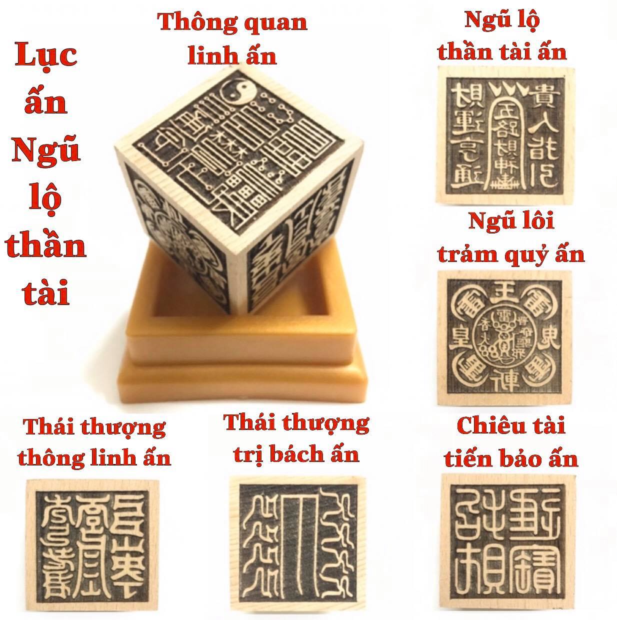 Lục ấn gỗ đào Ngũ lộ thần tài tặng kèm đế gỗ