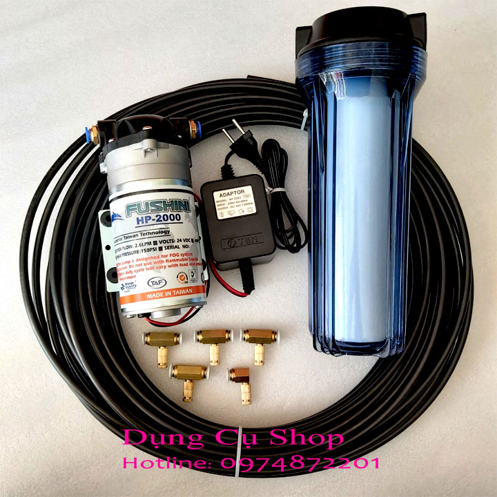 COMBO TRỌN BÔ MÁY PHUN SƯƠNG ( GỒM 1 LỌC NƯỚC P/S , 1 MÁY P/S 24V, 7M DÂY P/S/ , 5 BÉT P/S VẢ 4 CON PC VẶN VÀO MÁY )