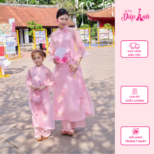 Set áo dài cách tân mẹ và bé organza đính kết thêu hoa cao cấp - áo dài diệp anh