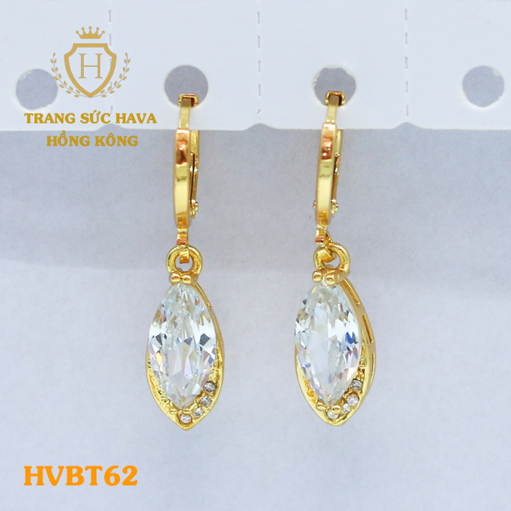 Bông tai, hoa tai, khuyên tai nữ cá tính dáng dài đính đá, titan xi mạ vàng 24k - trang sức hava hong kong