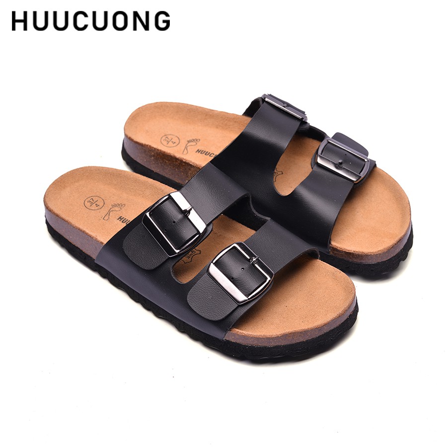 Dép unisex HuuCuong 2 khóa da pu đen đế trấu handmade