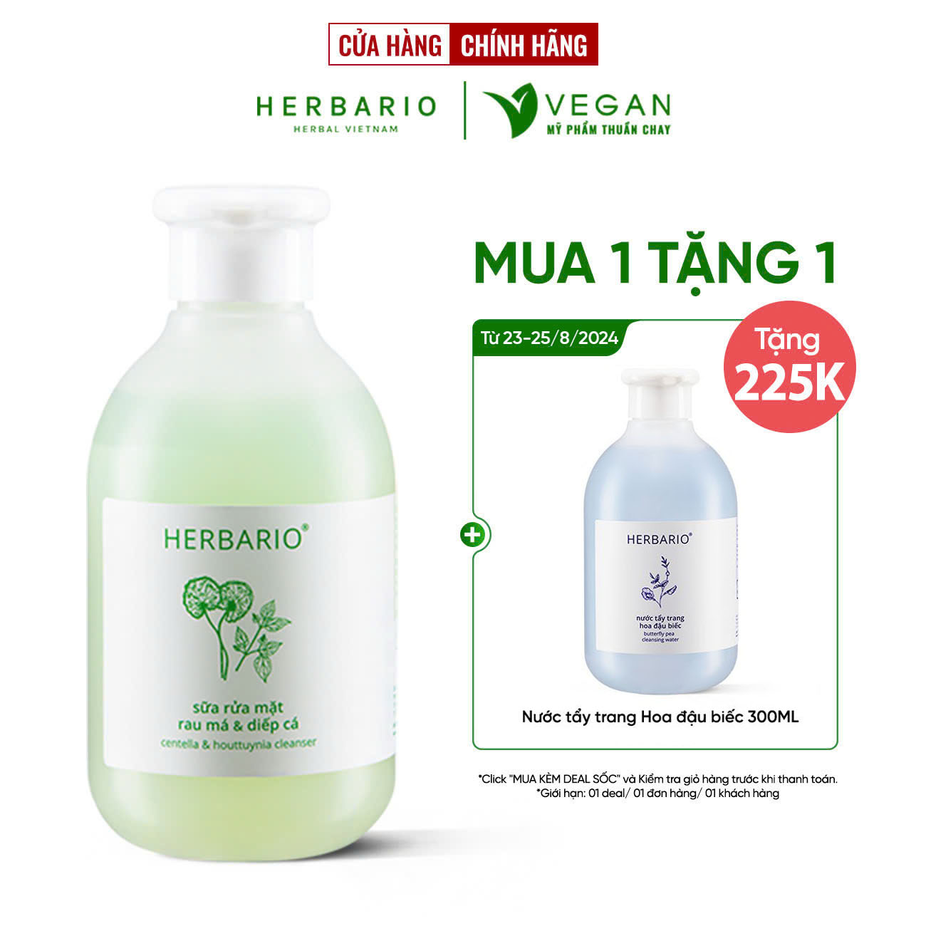 Sữa rửa mặt Rau má & Diếp cá Herbario 200ml sạch mụn thuần chay - 100% Vegan - Mỹ phẩm thuần chay