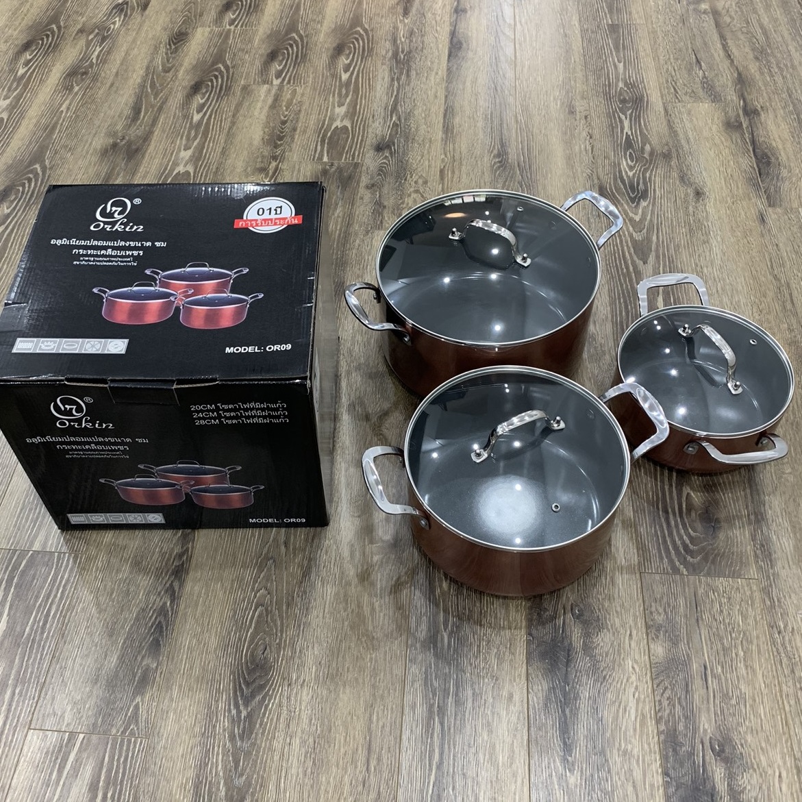 Bộ nồi từ nhập khẩu Thái Lan Orkin OR09 3 chiếc 20, 24, 28cm, bảo hành 12 tháng, thân nhôm đúc, phủ chống dính nano