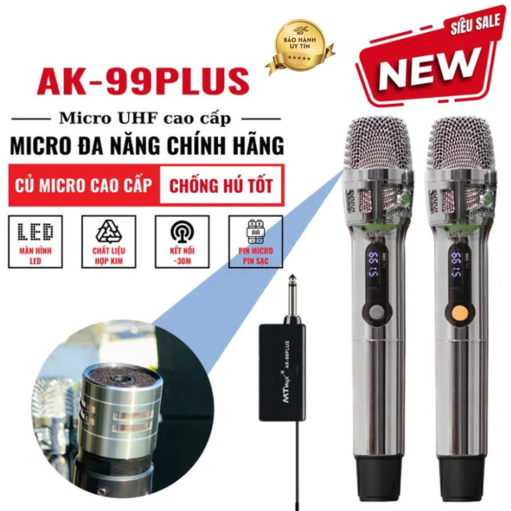 Micro Karaoke Không Dây AK99 Plus, Mic Hát Hay, Loại Bỏ Tạp Âm, Độ Nhạy Cao, Hát Cực Nhẹ, Sóng UHF Siêu Cao, Thiết Kế Kim Loại Bền Bỉ, Micro Không Dây Dùng Cho Loa Kẹo Kéo, Âm li, Mixer, Vang Cơ, Vang Số - Bảo Hành Chính Hãng 1 Năm