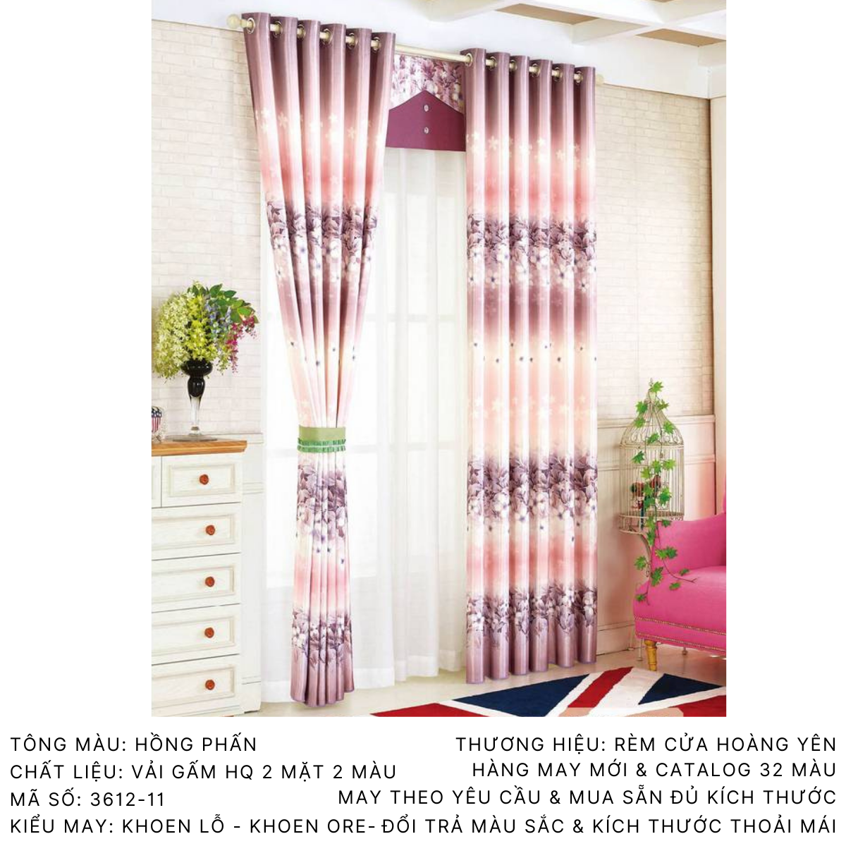 [HCM]Bộ Rèm Màn Cửa Chống Nắng HQ - tông màu Hồng- vải Giảm Nhiệt - Giảm Tiếng Ồn - Đủ kích thước -  Vải gấm họa tiết  đẹp và chất liệu cao cấp - Kiểu Khoen Ore Cao Cấp [Có may theo kích thước yêu cầu]