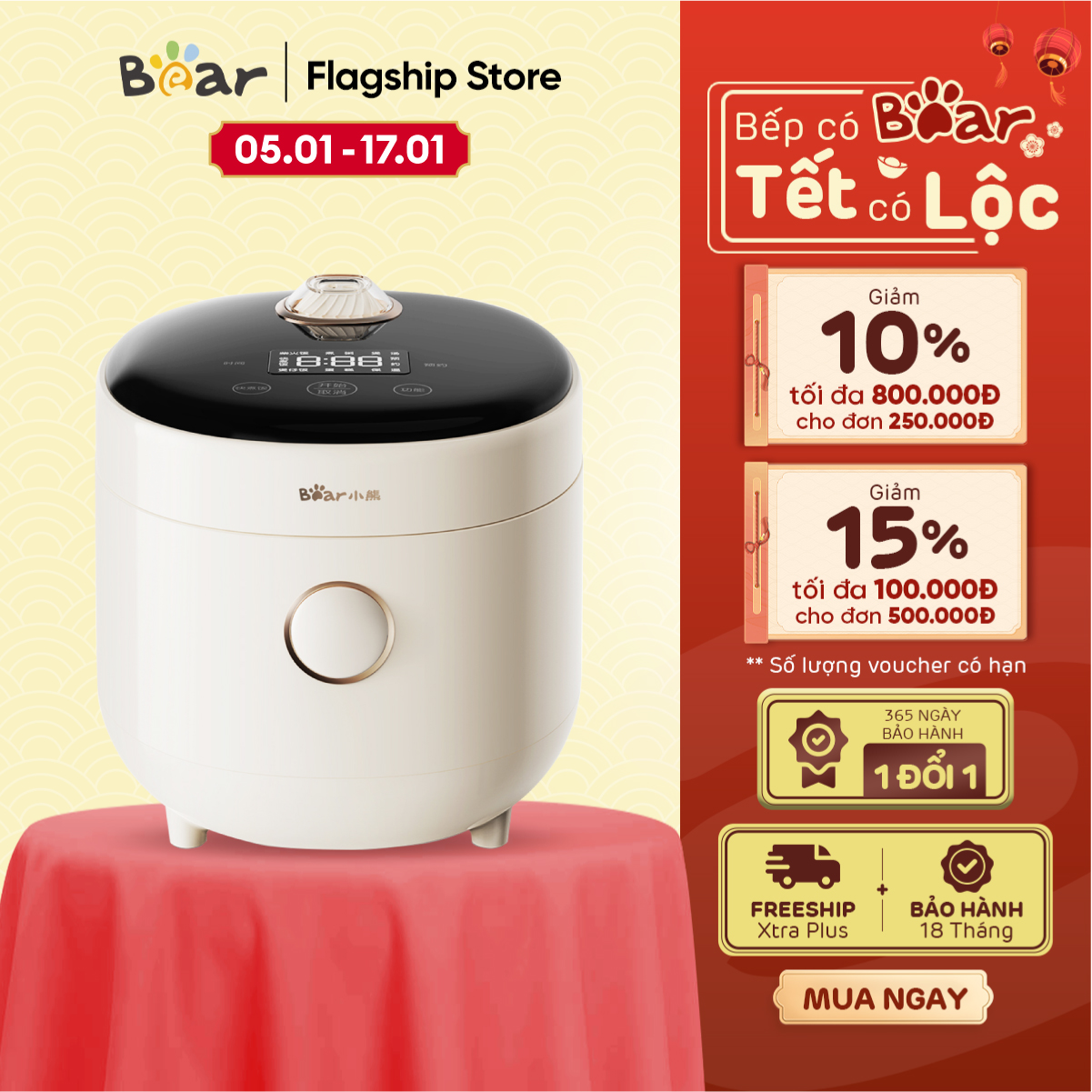 Nồi cơm điện mini Bear DFB-C16K1 (1,6 lít) - Hàng Chính Hãng - Bảo Hành 18 Tháng